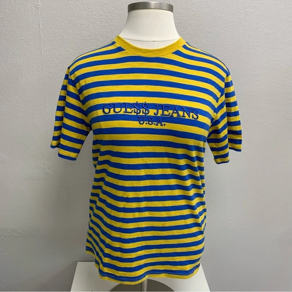 Guess X Asap Rocky Blue and Yellow striped Tee.  Size Small - Picture 3 of 4